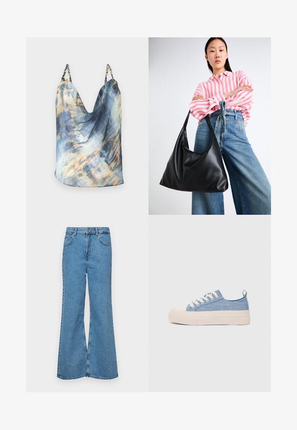 Bez piedurknēm, zila augšdaļa ar abstraktu rakstu, kurā ir zelta un gaiši zilu akcentu; piekārta dizaina, mīksts audums, sapīti siksniņas.; Gaiši zili, platā piegriezuma džinsi, kas izgatavoti no denima, ar augstu jostasvietu, piecām kabatām un vienu pogu. Mīksta tekstūra ar nolietotu apdari.; Gaiši zili kanvas sneakeri ar krēmkrāsas gumijas pirksta aizsargu un ārējo zoli, aprīkoti ar baltām šņorēm un cilpu uz papēža.; Melnas ādas plecu soma ar vaļīgu formu un šuvju detaļām. Modelis valkā rozā un baltu svītrainu kreklu ar plaša kāju ziliem džinsiem.
