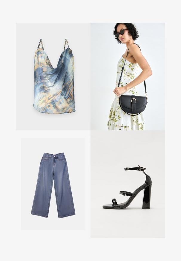 Uten ermer topp i blått med et abstrakt mønster som har gull- og lyseblå accenter; drapert design, myk stoff, flettede stropper.; Bredde ben jeans i lys blå vask, med høy livhøyde, frontlommer og knappelukking med beltehemper.; Svart høyglans sandaler med hæl, firkantet tå, ankelremmer og sølvspenner. Har en kraftig blokkhæl for stabilitet.; Svart lærveske med en buet form, avtagbar stropp og gullbeslag. Vesken har et klaff med spenne-detall.