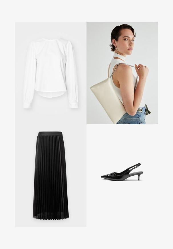 Valge pikkade varrukatega pluus, millel on lõdva sobivusega, puhvvarrukad, ümar kaelus ja nööbiga mansetid. Sile ja krõbe tekstuur.; Korrigeeritud must seeliku, millel on sile vöökoht, valmistatud kergest kangast. Omab teravaid, vertikaalseid voldikuid ja keskmise vasika pikkuse disaini.; Mustad nahast rihmikud terava nina, madala kassisaba kand ja volditud detailiga eespool. Siledat tekstuuri ja minimalistlikku disaini.; Valge ristkülikuline kotti, mis on valmistatud läikivast materjalist, hõbedase ahelsangaga. Mudel poseerib, tutvustades kotti ühtlase taustaga.