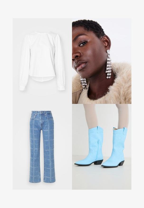 Bluză albă cu mâneci lungi, cu un croi lejer, având mâneci bufante, decolteu rotund și manșete cu nasturi. Textură netedă și crocantă.; Jeans din denim de culoare albastru deschis, cu tăietură dreaptă, prezentând un model de plasă din cuie argintii și un design clasic cu cinci buzunare.; Cizme de cowboy de culoare albastru deschis, cu detalii brodate, fermoar lateral, vârf ascuțit și toc negru înălțat. Textură de piele netedă.; Cercei din argint cu multiple pietre strălucitoare, având un design în cascadă și suprafețe texturate, pe un fundal neutru.