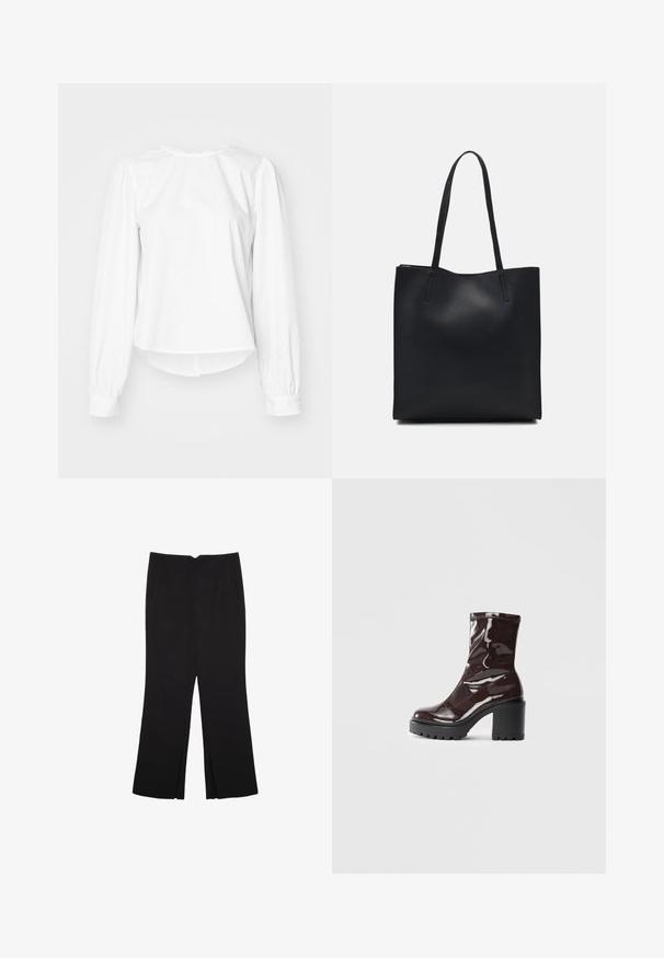 Weiße Bluse mit langen Ärmeln und lockerer Passform, die Puffärmel, einen runden Halsausschnitt und geknöpfte Manschetten aufweist. Glatte, knackige Textur.; Schwarze Hose mit geradem Schnitt, ausgestattet mit Fronttaschen und Seitenschlitzen am Saum. Hergestellt aus weichem, glattem Stoff. Geeignet für verschiedene Anlässe.; Glatte bordeauxrote Ankle Boots mit einem klobigen schwarzen Absatz, die eine glatte Oberfläche und ein einfaches Design aufweisen. Keine sichtbaren Verschlüsse oder Muster.; Schwarze Laptoptasche aus Leder mit glatter Textur, rechteckiger Form und zwei langen Griffen. Keine sichtbaren Beschläge oder Verzierungen.
