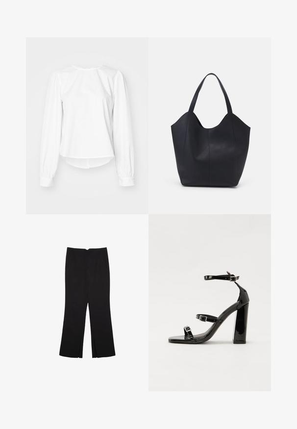 Weiße Bluse mit langen Ärmeln und lockerer Passform, die Puffärmel, einen runden Halsausschnitt und geknöpfte Manschetten aufweist. Glatte, knackige Textur.; Schwarze Hose mit geradem Schnitt, ausgestattet mit Fronttaschen und Seitenschlitzen am Saum. Hergestellt aus weichem, glattem Stoff. Geeignet für verschiedene Anlässe.; Schwarze Lackleder-Sandalen mit hohen Absätzen, zwei Riemen mit Schnallen, quadratischer Zehenpartie und klobigem Blockabsatz, mit einer glatten, glänzenden Textur.; Schwarze Tote-Bag aus glattem Leder, mit einem abgerundeten, offenen Oberteil, zwei Schulterträgern und einem minimalistischen Design.
