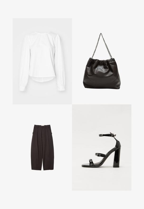 Biela blúzka s dlhým rukávom a uvoľneným strihom, s vypuklými rukávmi, zaobleným výstrihom a gombíkovými manžetami. Hladká, svieža textúra.; Čierne široké nohavice vyrobené z hladkej tkaniny, s vysokým pásom, prednými skladmi a bočnými vreckami. Jednoduchý dizajn bez ozdôb.; Čierne lakované sandále na podpätku so štvorcovou špičkou, navlečenými remienkami okolo členku a striebornými prackami. Disponujú masívnym blokovým podpätkom pre stabilitu.; Hnedá kožená taška so zberaným vrchom a reťazovým popruhom. Hladký povrch s lesklým finišom a jemným švom po stranách.