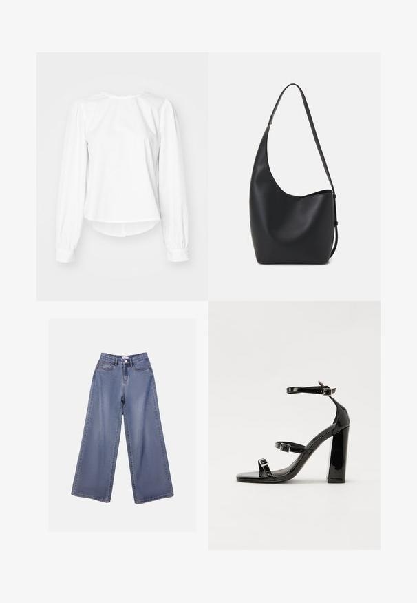 Blusa blanca de manga larga con un corte relajado, que presenta mangas abullonadas, un cuello redondeado y puños abotonados. Textura suave y crujiente.; Jeans de mezclilla de pierna ancha en un lavado azul claro, con una cintura alta, bolsillos frontales y un cierre de botón con trabillas para el cinturón.; Sandalias de tacón de charol negro con punta cuadrada, correas en el tobillo y hebillas plateadas. Presentan un tacón grueso para mayor estabilidad.; Bolso tipo hobo de cuero negro con una textura suave, forma curvada y una sola correa ajustable; presenta una amplia apertura en la parte superior.