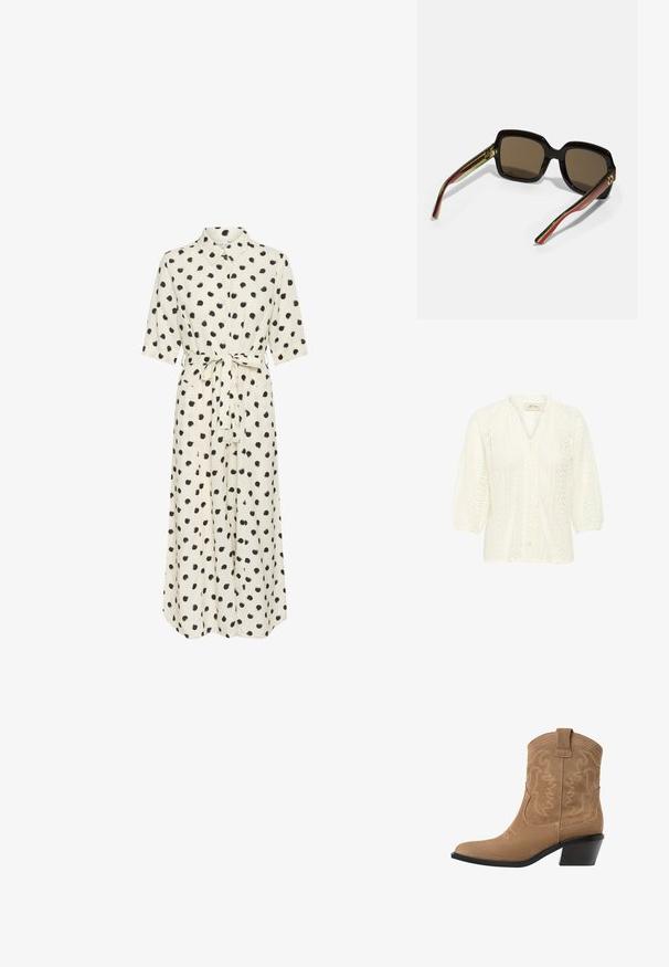 Biała bluzka z teksturowanym wzorem koronkowym, rękawami 3/4 typu puff, zapięciem na guziki z przodu oraz wysoką szyją z falbaną.; Kremowa sukienka w czarne kropki, zapinana z przodu na guziki, z krótkimi rękawami i związanym w pasie. Gładki materiał, do kostek, luźny krój.; Brązowe zamszowe kowbojskie botki za kostkę z szpiczastym nosem, haftowanym wzorem i niskim, czarnym, piętą typu stacked. Posiadają pętle do łatwego zakładania.; Czarne, oversize okulary przeciwsłoneczne z brązowymi soczewkami. Posiadają unikalne, prążkowane ramiona w zielono-czerwonym kolorze oraz złote akcenty. Kwadratowy kształt.; Beżowa skórzana torebka kopertowa z marszczonym wzorem, złotym metalowym stelażem i zapięciem na klamrę. Gładka faktura z minimalistycznymi detalami.