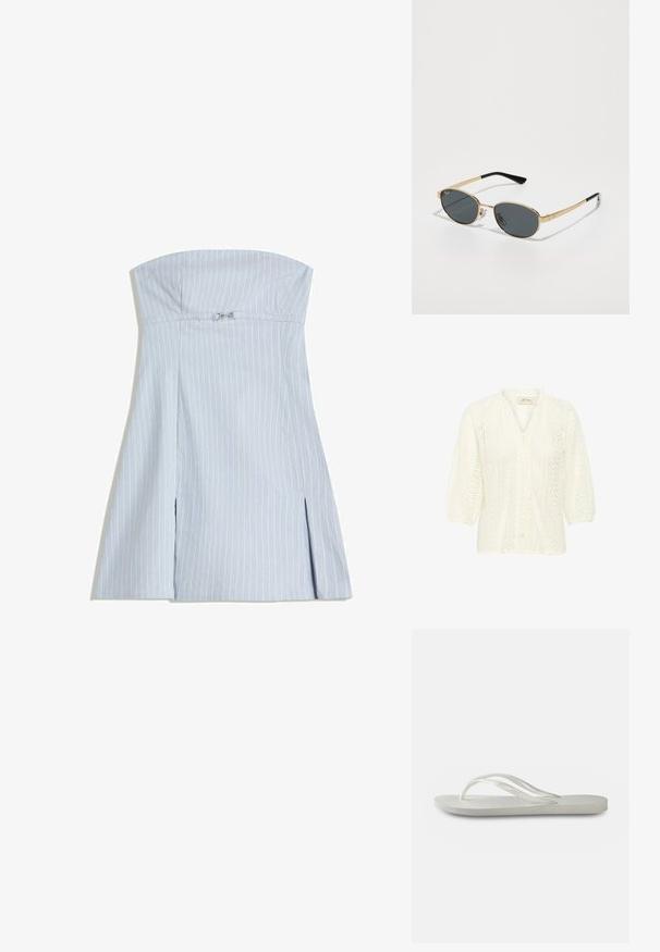 Blusa bianca con un motivo in pizzo testurizzato, maniche a sbuffo a tre quarti, chiusura anteriore con bottoni e un colletto alto con bordo arricciato.; Abito senza spalline di colore azzurro chiaro con righe bianche verticali, dotato di un corpetto aderente e due spacchi frontali, realizzato in un tessuto morbido. Finiture in metallo argentato.; Infradito bianchi con suola testurizzata, caratterizzate da cinghie sottili e design piatto. Realizzate in gomma con un logo sottile sulla soletta.; Occhiali da sole in metallo dorato con lenti ovali grigie, bracci sottili e punte in plastica nera. Presentano il logo sulla montatura e naselli regolabili.; Borsa a spalla in suede marrone a forma di mezzaluna, decorata con borchie rotonde d'argento e oro in modelli floreali e circolari.