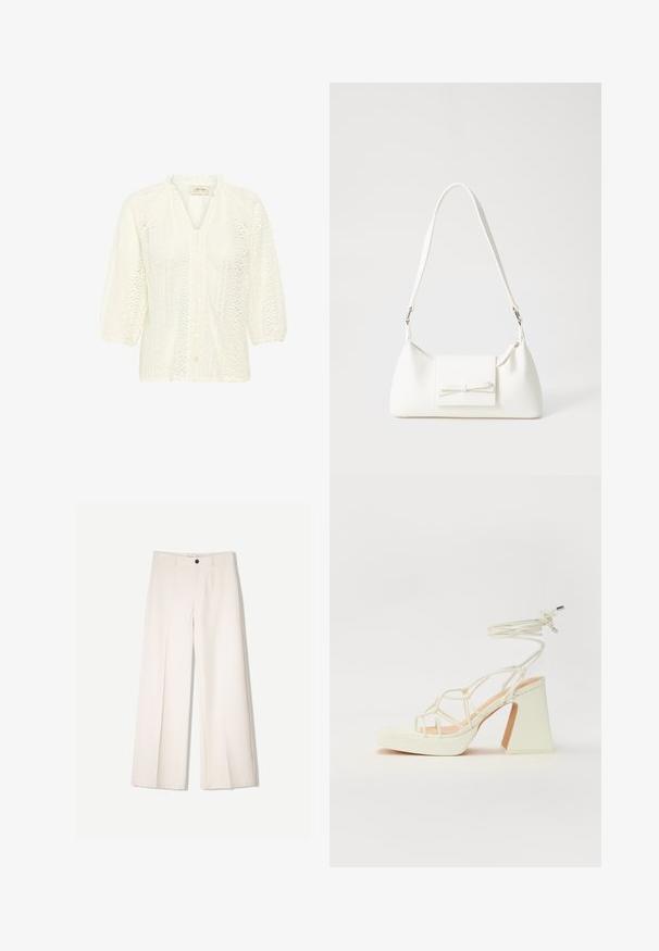 Fehér blúz, textúrált csipke mintával, háromnegyedes puff ujjakkal, gombos elülső résszel és fodros szegéllyel ellátott magas nyakkal.; Tejbézs széles lábú nadrág, szabott kialakítással, két elülső zsebbel és egyetlen elülső gombos záródással, sima anyagból készült.; Fehér, magassarkú szandál vastag sarokkal, pántos dizájnnal és bokapánttal. Sima textúra, elülső platformmal a megnövelt magasság érdekében.; Fehér szintetikus kézitáska, háromszög alakú, lapos előlap, masni részlettel, állítható pánttal, sima textúrával és minimalista dizájnnal.
