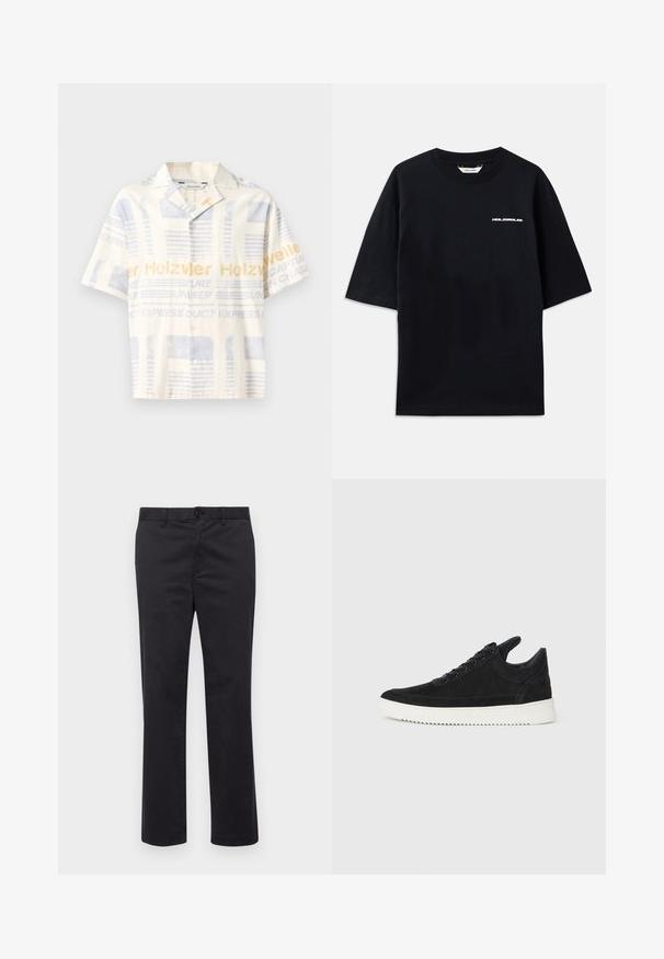 Kortärmad skjorta med knappar i ljusbeige med blå och gul grafisk tryck, som har textmönster och en avslappnad passform.; Svart bomullströja med korta ärmar, rund hals och en liten vit "HOLZWEILER"-logotyp på framsidan, med en avslappnad passform.; Svarta bomullbyxor med rak bendesign, med knäppning och bälteshällor. Slät textur, inga synliga mönster eller detaljer.; Svart mockaskor med en vit gummisula, som har ton-i-ton-sömmar och snörningsdesign. Slät textur med en modern, strömlinjeformad form.