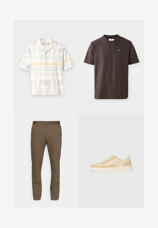 Kratke rokave, srajca z gumbi v svetlo bež barvi z modrim in rumenim grafičnim tiskom, ki vključuje tekstovne vzorce in obliko sproščenega kroja.; Rjava bombažna majica s kratkimi rokavi in rebrastim ovratnikom. Ima majhen bel logotip na levi strani prsnega koša. Kratki rokavi in ravno spredaj.; Rjave hlače iz raztegljive tkanine s slim fit krojem. Imajo gladek pas, zanke za pas in dva sprednja žepa.; Tenisice v svetlo rumeni usnjeni in semiš varianti, z udobnim podplatom in šivi. Klasična zasnova z vezalkami in okroglo konico.