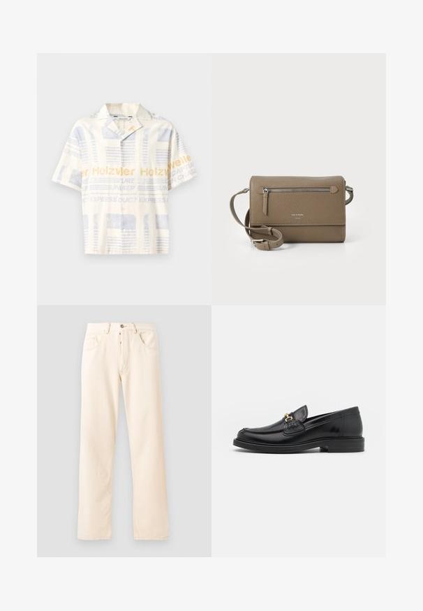 Lühikeste varrukatega nööpidega särk heledas beežis, millel on sinine ja kollane graafiline trükk, tekstimustrid ning lõdva istuvuse disain.; Heledbeez džinsid, sirge jala kujundusega, viie taskuga ja ees nupuga sulgemine. Ümber õmbluste on nähtavad õmblused.; Mustad nahast loafers ümarate varvastega, millel on kuldne riistvaraline aksessuaar ja tikandite detail, paigutatud madalale, tekstureeritud kummist tallale.; Kohvase naha ületõmmatav kott, millel on lukuga esikott, reguleeritav rihm, kivitextuur ja esiküljel embosseeritud logo.