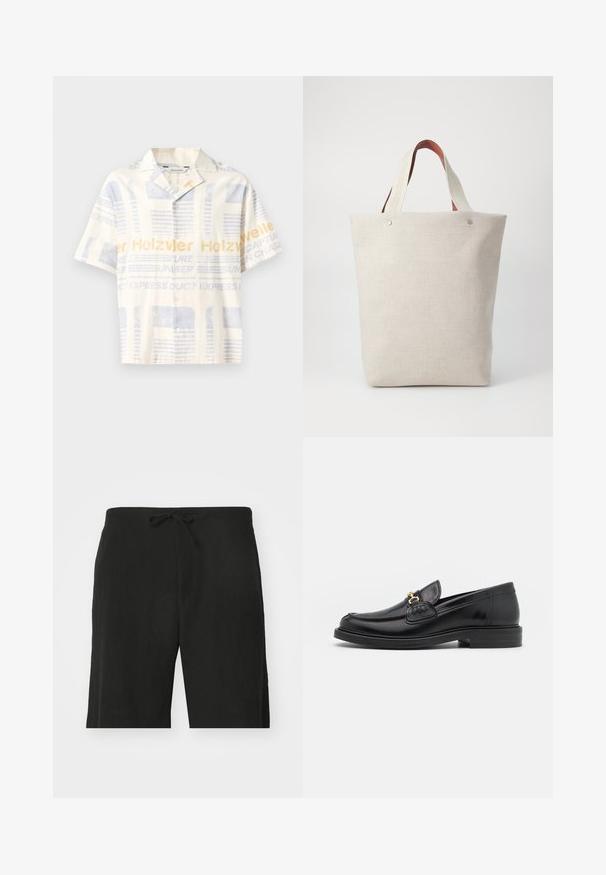 Kreklu ar īsām piedurknēm gaiši bēšā krāsā ar zilu un dzeltenu grafiku, ar tekstu zīmējumu un brīvu piegriezumu.; Melni linu šorti ar auklu jostasvietā, ar brīvu piegriezumu un līdz ceļiem garumu. Gluda tekstūra, vienkāršs un klasiskas stila.; Melnas ādas loafers ar noapaļotu degunu, ar zelta aparatūras akcentu un šuvju detaļām, uz zemas, teksturētas gumijas zoles.; Gai smilšu krāsas auduma soma ar teksturētu apdari, ar divām kontrastējošām brūnām ādas rokturiem un metāla akcentiem augšpusē.