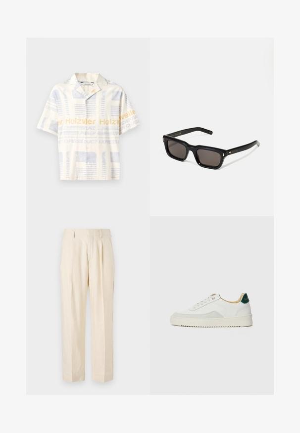 Korte mouwen overhemd met knoop in lichtbeige met een blauw en geel grafisch ontwerp, met tekstpatronen en een ontspannen pasvorm.; NN.07 KAY - Broek - off white; Witte sneaker met suède accenten, ronde neus, platte veters en een crème rubberen zool. Bevat groene branding op de hiel.; Zwarte rechthoekige zonnebril met donkere lenzen, een dik plastic montuur, gouden accenten op de veren en het merkembleem gegraveerd op de arm.