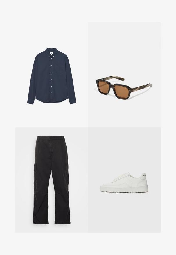 Dunkelblaue Langarmhemd mit Knopfleiste, Frontbrusttasche und kleinem gesticktem Logo auf der Tasche und dem Kragenetikett.; Schwarze Cargo-Hose mit geradem Bein, ausgestattet mit zwei Seitentaschen, einem Knopfverschluss und einem strukturierten Stoff.; Weiße Ledersneaker mit glatter Oberfläche, runder Zehenpartie, flachen Schnürsenkeln und strukturiertem Sohlenprofil. Mit einem dezenten Logo an der Ferse.; Plastiksonnenbrille mit einem Schildkrötenmuster, oktagonalen braunen Gläsern und dünnen goldenen Hardwareakzenten am Gestell.