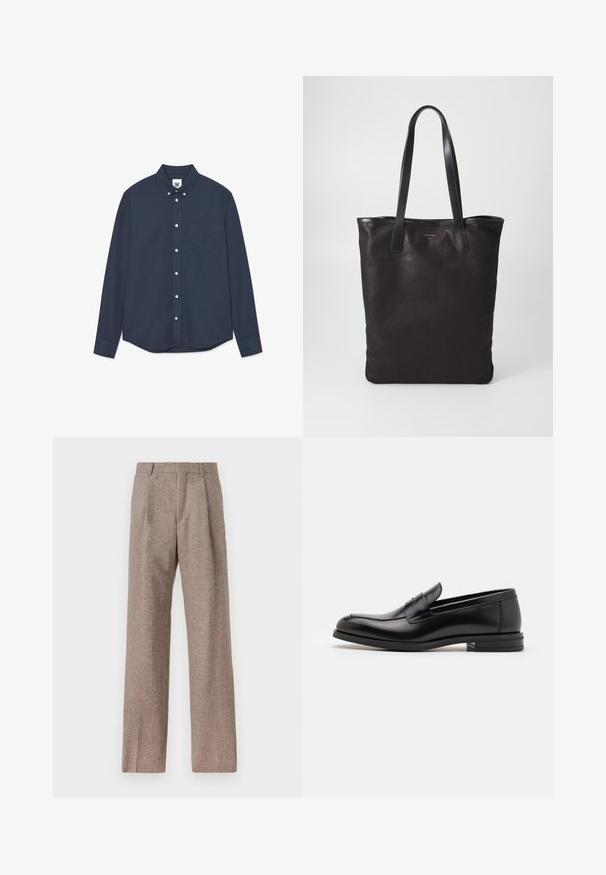 Chemise boutonnée à manches longues bleu marine avec une poche poitrine avant et un petit logo brodé sur la poche et l'étiquette du col.; Pantalons marron taille haute en tissu texturé. Présente des jambes larges et deux plis avant pour la structure. Finition soignée sans matériel visible.; Mocassins en cuir noir avec une texture lisse, bout rond et une sangle décorative sur le dessus. Talon bas empilé, design minimaliste.; Sac fourre-tout en toile noire avec des poignées en cuir noir. Design simple, corps spacieux et texture lisse. Pas de logos ou motifs visibles.