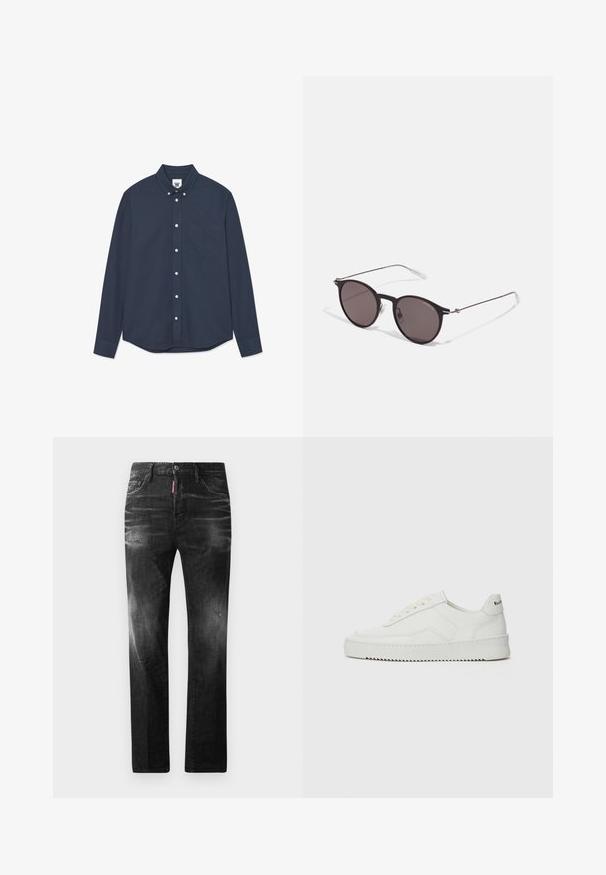 Marinblå långärmad skjorta med knappar, med en bröstficka fram och en liten broderad logotyp på fickan och kragskylten.; Svarta denimjeans med rak passform. Har blekta områden, mindre slitningar, klassisk femficksdesign och knäppning med knapp.; Vita lädersneakers med en jämn yta, rund tå, platta snörningar och en strukturerad sula. Har en diskret logotyp på hälen.; Svarta runda solglasögon med mörka linser och smala metallarmar. Inkluderar klara tempeltips och silverdetaljer vid gångjärnet. Minimalistisk design.