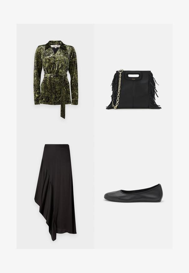 Diane von Furstenberg LARGARDE - Skjortebluser - green; AERON ASTER SKIRT - Pencil skirt - black; Sort læderballetsko med rund tå, glat tekstur, minimal syning og et fleksibelt såldesign.; Sort læder skuldertaske med frynse-detaljer, guldkæde skulderrem og udskåret håndtag. Har logo placeret på forsiden.