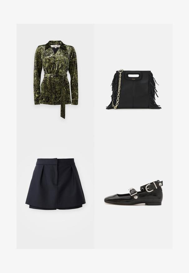 Diane von Furstenberg LARGARDE - Nööpidega pluus - green; Tumes ribade polo-särk, millel on terav krae, lühikesed varrukad ja kaks esist taskut klõpsnuppudega; kaunistatud valgete õmbluse aktsentidega.; Tumed pleeditud lühikesed püksid kõrge vöökohaga, valmistatud siledast kangast. Omab sobivat lõiget ja varjatud esikotti.; Must musta nahkkinga lamead kontsad, ruudukujulise varbaga, pahkluu rihmaga, mis sisaldab hõbedast taakleid, ning lame tald. Siledat pinda ja minimalistlikku disaini.; Musta nahk käekott, millel on frantsiisid, kuldne ahelsanga ja lõigatud käepide. Esiosas on logot.