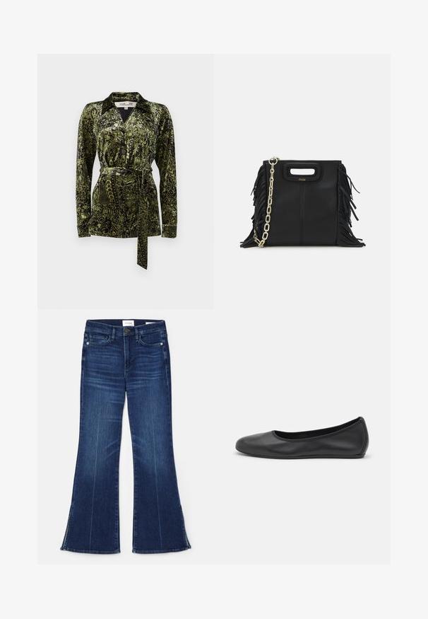 Diane von Furstenberg LARGARDE - Button-down blouse - green; Dark blue flared jeans made from denim. Features a high waist, front pockets, and slit details at the hem. Classic five-pocket design.; Black leather ballet flat with a rounded toe, smooth texture, minimal stitching detail, and a flexible sole design.; Black leather handbag with fringe details, gold chain shoulder strap, and a cut-out handle. Features logo placement on the front.