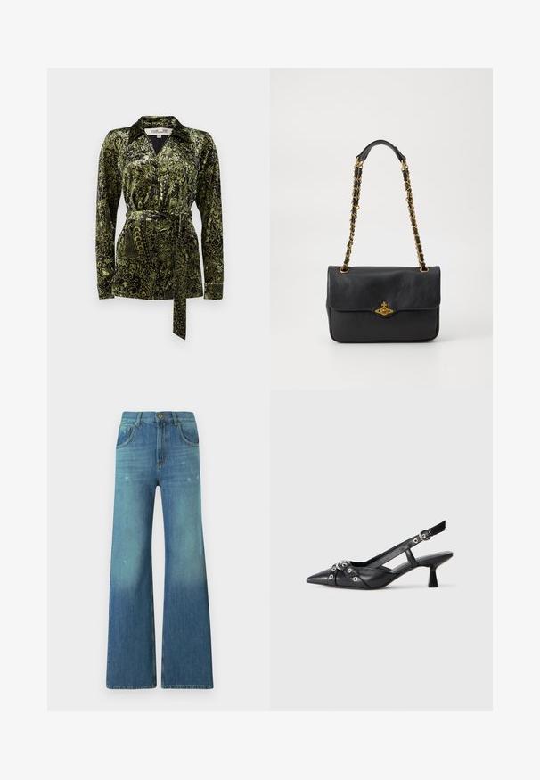 Diane von Furstenberg LARGARDE - Πουκαμίσα με κουμπιά - green; Φαρδιά τζιν παντελόνια σε μπλε απόχρωση με ελαφριά gradient πλύση, διαθέτοντας πέντε τσέπες, φερμουάρ και χρυσό κουμπί στο ύψος της μέσης.; Μαύρο δερμάτινο παπούτσι slingback με μυτερή μύτη, διακοσμητικές λωρίδες με μεταλλικά μάτια και χαμηλό μπλοκ τακούνι. Υφή επιφάνειας.; Μαύρη δερμάτινη τσάντα χειρός με καπάκι που διπλώνει, χρυσή αλυσίδα (strap) και λεπτομέρεια με λογότυπο στο μπροστινό μέρος. Λείος υφής.