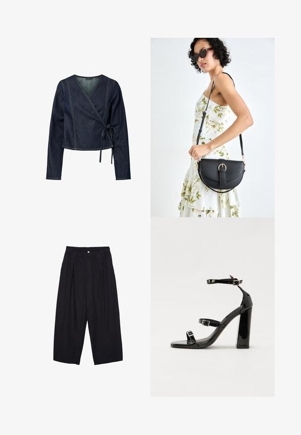 Tamno traper košulja sa dugim rukavima, V-izrezom i bočnim vezivanjem. Ima kontrastne žute šavove i skraćeni dizajn.; Crne poliester hlače culotte s elastičnim pojasom, dva prednja nabora i širokim krojem. Nema vidljivih uzoraka ili metalnih detalja.; Crne lakirane sandale na pete sa kvadratnim nosom, trakama oko gležnja i srebrnim kopčama. Imaju čvrst blok petu za stabilnost.; Crna kožna torba s lukovitim oblikom, odvojivim remenom i zlatnim detaljima. Torba ima preklop s kopčom.