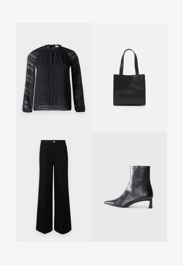 Hofmann Copenhagen JOSEFINA - Bluse - black; Sorte vide ben-jeans lavet af robust stof, med høj talje, forlommer og en frontal knaplukning. Flad kant i bunden.; Sort læder ankelstøvle med spids tå og et strømlinet design. Har en lav hæl og en lynlås lukning bagpå. Glat tekstur.; Sort læder tote taske med to håndtag, rektangulær form, glat tekstur og syet paneldesign. Ingen hardware eller yderligere accenter.