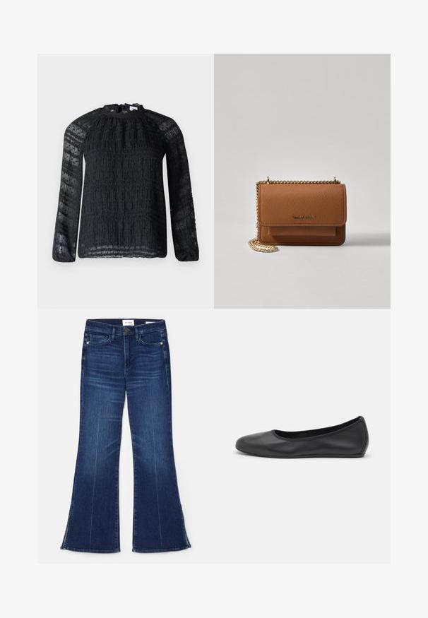 Hofmann Copenhagen JOSEFINA - Pusero - black; Tummansiniset leveälahkeiset farkut, jotka on valmistettu denimmateriaalista. Ominaisuuksiin kuuluu korkea vyötärö, etupocketit ja halkiokohdat helman kohdalla. Klassinen viiden taskun muotoilu.; Musta nahkainen ballerina, jossa on pyöristetty kärki, sileä pinta, minimaalinen ommelkoristelu ja joustava pohjamuotoilu.; Ruskean teksturoidun nahkasta valmistettu crossbody-laukku, jossa on kultaketjuhihna ja läppäkiinnitys. Edessä on logodetail ja tasku läppäisen alla.