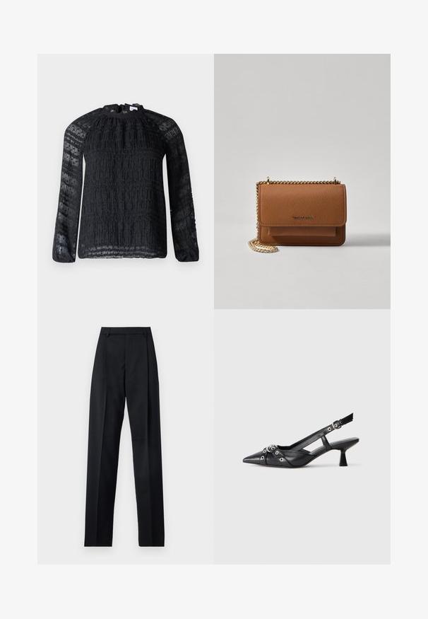 Hofmann Copenhagen JOSEFINA - Blúzka - black; Čierne nohavice vyrobené z hladkej látky s vysokým pásom, širokými nohavicami, prednými záhybmi a klasickými pútkami na opasok. Žiadne bočné vrecká nie sú viditeľné.; Čierne kožené slingback topánky s špicatou špičkou, ozdobnými popruhmi s kovovými očkami a nízkym blokovým podpätkom. Textúrovaný povrch.; Hnedá textúrovaná kožená taška cez telo s zlatým reťazovým popruhom a preklopným uzáverom. Predná strana obsahuje detail s logom a vrecko pod preklopkou.