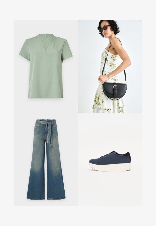 Short-sleeved top in light green, featuring a V-neckline and smooth texture. Simple design with no patterns or accents.; Wide-leg denim trousers featuring a light to dark blue gradient, high waist, belt loops, and a matching fabric belt. Textured denim finish.; Navy blue sneaker with a textured fabric upper, white platform sole, rounded toe, and black heel accent. Features six eyelets for laces.; Black leather handbag with a curved shape, detachable strap, and gold hardware. The bag features a flap with a buckle detail.