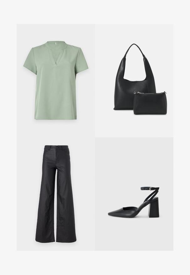 Gaiszaļš īsām piedurknēm tops ar V-veida izgriezumu un gludu tekstūru. Vienkāršs dizains bez rakstiem vai aksesuāriem.; Melni, plata kāju bikses no mākslīgās ādas. Iespējas ietver augstu jostasvietu, jostu cilpas, divas priekšu kabatas un izšuvumu detaļas.; Melna ādas augstpapēžu kurpe ar norakstīto purngala formu, potītes siksniņu un masīlu papēdi. Gluda tekstūra, elegants dizains un minimālisma estētika.; Even&Odd Rokassoma - black