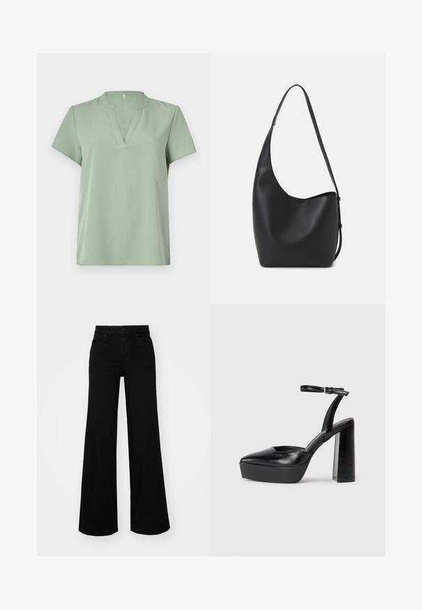 Kratka majica s kratkimi rokavi v svetlo zeleni barvi, s črnim izrezom in gladko teksturo. Preprost dizajn brez vzorcev ali akcentov.; Črne široke denim hlače s strukturiranim pasom, z zankami za pas in sprednjimi žepi. Gladka tekstura s klasičnim dizajnom.; Črne platforme z visokimi petami in koničastim nosom ter nastavljivim gležnjenjskim trakom. Narejene iz gladke usnje, s kockasto peto.; Črna usnjena hobo torba z gladko teksturo, ukrivljeno obliko in eno nastavljivo naramnico; ima širok odprtina na vrhu.