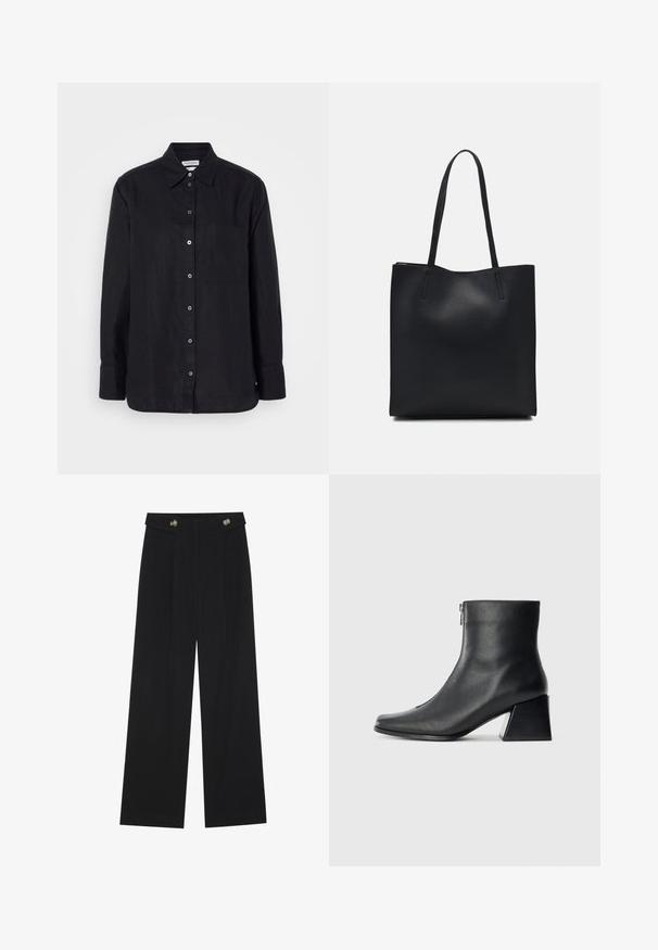 Black linen long-sleeve shirt with a button-up front, collar, single chest pocket, and dark buttons on a plain background.; Black wide-leg trousers with high waist, button details on waistband, and front pleats.; Black leather ankle boot with square toe, side zipper, and block heel against plain light background.; Black leather tote bag with smooth texture, rectangular shape, and two long handles. No visible hardware or embellishments.