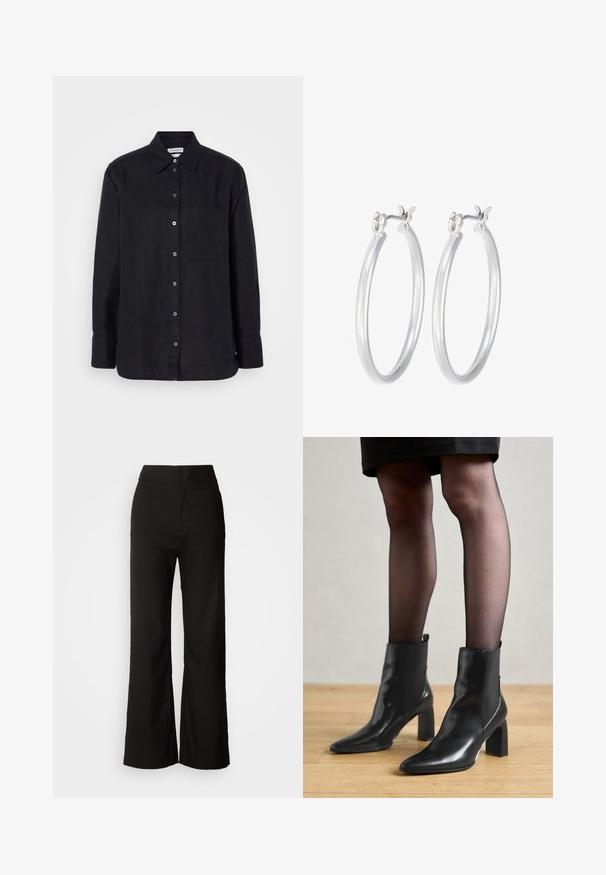 Camisa negra de lino de manga larga con cierre de botones en el frente, cuello, bolsillo en el pecho y botones oscuros sobre un fondo liso.; Pantalones de pierna ancha negros con una textura suave, cintura alta y un diseño limpio. Sin bolsillos visibles ni adornos.; Botines de cuero negro hasta el tobillo con punta afilada, tacón cuadrado grueso y diseño elegante. Presentan paneles laterales elásticos para facilitar el uso.; Pendientes de aro de plata con un acabado liso y pulido. Forma redonda y cierre de click seguro. Diseño ligero adecuado para el uso diario.