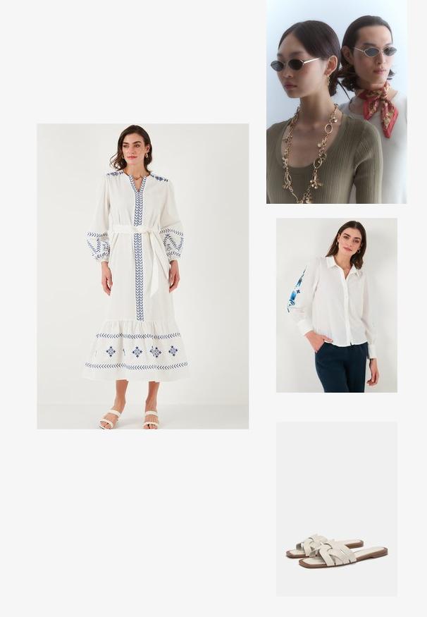 Witte linnen blouse met knoopsluiting en kraag, voorzien van blauwe bloemenborduursels op de mouwen, gecombineerd met donkerblauwe broek.; Witte lange jurk met blauwe geborduurde patronen, ballonmouwen, een V-hals en een strikceintuur. Heeft een gelaagde onderzijde en een zachte textuur.; Licht beige slidesandalen met geweven banden, met een platte zool en een minimalistisch ontwerp. Soepele textuur met subtiele kleurcontrastaccenten.; Ronde zonnebrillen met donkere lenzen en dunne zilveren monturen. De ene persoon draagt een gouden ketting, terwijl de andere een rood patroon sjaal heeft.; Geweven rieten handtas in lichtbeige, met een gebogen vorm, sluiting met een knipsluiting en een gouden kettinghengsel. Ge profileerd oppervlak met een diamantpatroon.