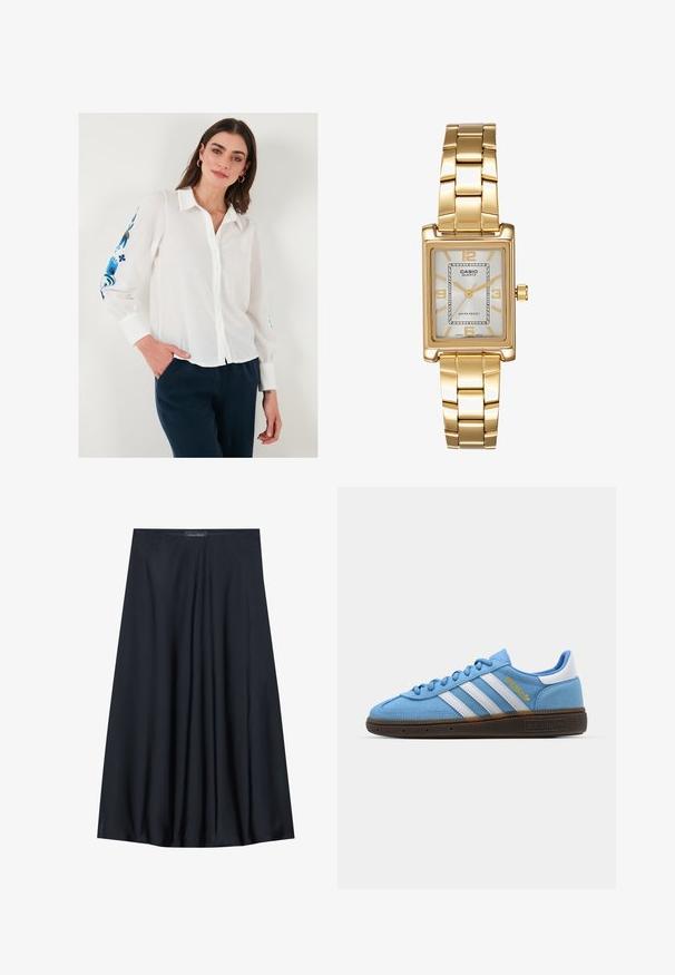 Valge lina nööbiga särk kraega, millel on sinine lilleline tikand varrukatel, koos tumeda sinise pükstega.; Must have pikk, kerge materjaliga must seelik, millel on voogav disain. Omab siledat tekstuuri ja peeneid voldikesi lisadetailiks.; Heledad sinised sametist tossud valgete nahkristidega, pruuni tekstureeritud tallaga ja kuldse logo detailiga. Madal disain lõpus ümarate varvastega.; Kuldtooni ristkülikukujuline käekell valge puidust näidikuga, hõbedaste tundide markeritega ja vastupidava metallist link-ribaga. Veekindel omadus on kaasas.