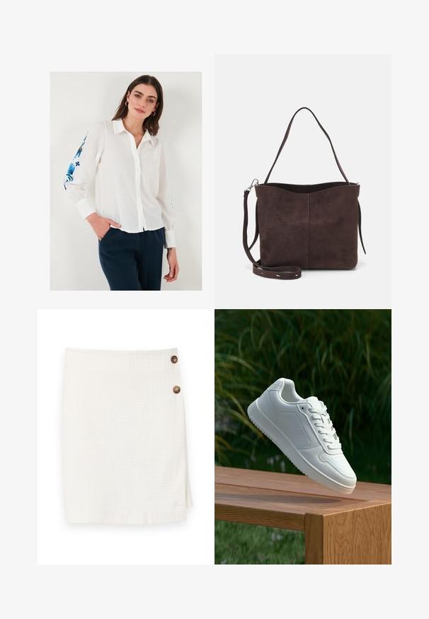 Bijela lanena košulja s dugim rukavima i ovratnikom, s plavim cvjetnim vezom na rukavima, u kombinaciji s tamnoplavim hlačama.; Bijela suknja od teksturirane tkanine, s dizajnom u obliku omota i dva okrugla gumba sa strane za kopčanje.; Bijela tenisica sa glatkim sintetičkim gornjim dijelom, perforiranim prednjim dijelom, ravnim vezicama i teksturiranom potplatom, prikazana na drvenoj površini.; Smeđa suđena torba s mekanom teksturom, s jednim remenom za rame i suptilno zakrivljenim gornjim otvorom. Nema vidljivih dijelova od hardvera.