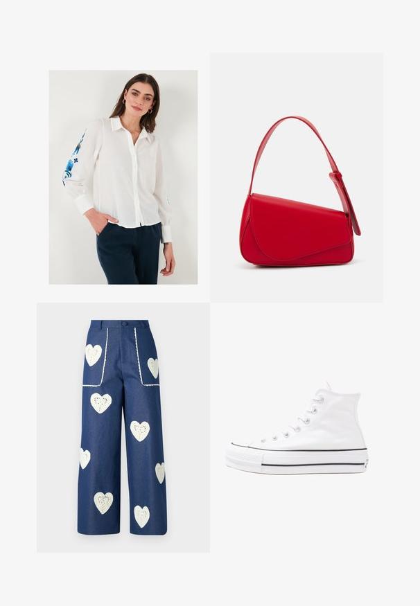 Vit linneskjorta med krage, prydd med blå blomsterbroderi på ärmarna, i kombination med mörkblå byxor.; Sister Jane HEART TO HEART - Jeans straight leg - blue denim; Vit hög topp canvas sneaker med svart gummisulan, framsidan gummitåhätta och sex öglor för snören, med en ren, minimalistisk design.; Röd läderhandväska med en vinkelrät, geometrisk design. Har ett justerbart axelband och en klaffstängning med sydda detaljer.