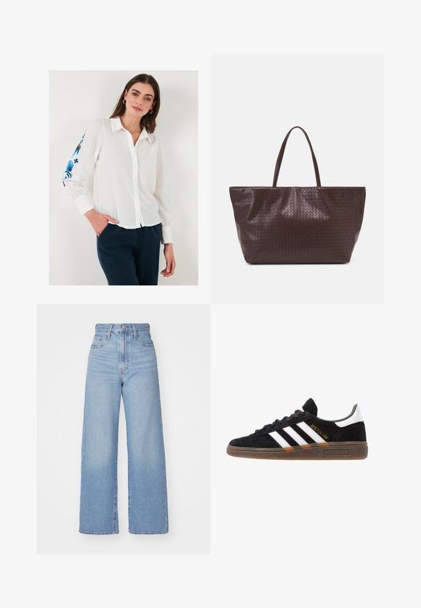 Camisa de lino blanca de botones con cuello, adornada con bordados florales azules en las mangas, combinada con pantalones azul oscuro.; Jeans de tiro alto y pernera ancha en azul claro, con cierre frontal de botón y cremallera, y bolsillos delantero y trasero, sobre un fondo blanco.; Zapatilla negra de Adidas con franjas blancas, texto dorado "Spezial", suela de goma y talón blanco, mostrada en vista lateral.; Bolso tote de cuero trenzado marrón con dos asas, de forma estructurada y superficie texturizada, con un patrón de diamantes en todo su diseño.
