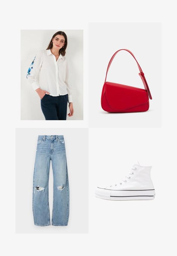 Bijela lanena košulja s dugim rukavima i ovratnikom, s plavim cvjetnim vezom na rukavima, u kombinaciji s tamnoplavim hlačama.; Svijetloplave, visoko-strukirane traperice. Imaju široke nogavice, dva razderana područja na koljenima i klasičan stil s pet džepova.; Bijela visoka platnena tenisica s crnom gumenom potplatom, prednjim gumenim zaštitnikom prstiju i šest rupa za vezanje, s čistim, minimalističkim dizajnom.; Crvena kožna torba s kutnim, geometrijskim dizajnom. Ima jedan podesivi remen i preklopni zatvarač sa šivenim detaljima.