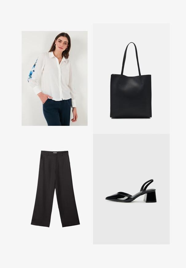 Biela ľanová košeľa s golierom, zdobená modrými kvetinovými výšivkami na rukávoch, v kombinácii s tmavomodrými nohavicami.; Čierne široké nohavice vyrobené z hladkej tkaniny, so zipsom vpredu a dvoma bočnými vreckami, s prispôsobeným strihom a minimalistickým dizajnom.; Čierne lakované kožené sandálové podpätky s špicatou špičkou a geometrickým blokovým podpätkom. Disponujú elegantným, minimalistickým dizajnom a hladkým povrchom.; Čierna kožená taška na rameno s hladkým povrchom, obdĺžnikovým tvarom a dvoma dlhými uchami. Bez viditeľného kovania alebo ozdôb.