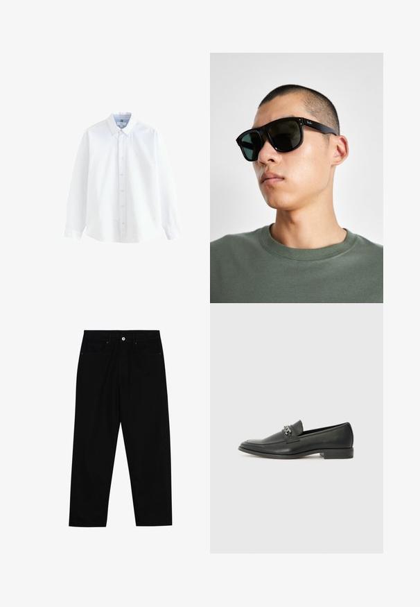 Valge pika varrukaga nööbitav särk krae ja nööpidega mansettidega, ühtlane disain, esitleb valgel taustal.; Mustadest denimist püksid, millel on sirge jalg, viie tasku disain ja eesnupuga sulgur. Sile tekstuur koos minimaalsete õmblustega.; Must haveate nahkking punased, millel on sile viimistlus, tikitud muster ja dekoratiivne metallkett vampi üle. Tasane konts.; Mustade ristküliku kuju prillid tumedate läätsedega, millel on eriline kuju ja bränding templil. Kanda inimese poolt, kellel on seljas roheline särk.