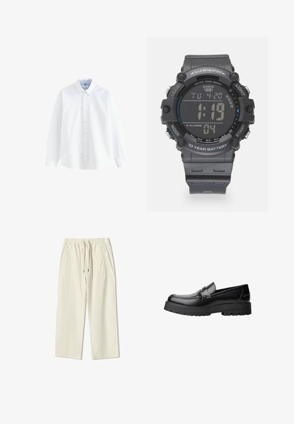 Camicia bianca a maniche lunghe con colletto e polsini abbottonati, design semplice, esposta su uno sfondo bianco.; Pantaloni ampi di colore crema, leggeri, con vita elasticizzata, coulisse regolabile e due tasche laterali. Tessuto testurizzato.; Mocassino in pelle nera con suola spessa e tassellata e fascia decorativa sulla parte superiore, mostrato in profilo sinistro su sfondo bianco.; Orologio digitale Casio con cinturino in resina grigia, display LCD, resistenza all'acqua fino a 100 metri e funzionalità per allarmi e retroilluminazione.