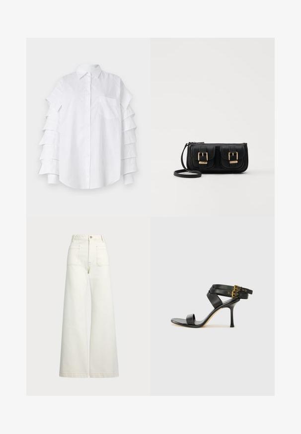White collared shirt featuring layered ruffle sleeves, a chest pocket, and button-up front; made from lightweight cotton material.; Wide-leg jeans in off-white denim. High-waisted design with a button closure, two front pockets, and contrast stitching details.; Black heeled sandal with crossed straps and adjustable buckle. Features a smooth texture and tapered stiletto heel.; Black leather crossbody bag with two front pockets, gold buckles, zipper closure, and a slim strap. Textured surface and compact rectangular shape.