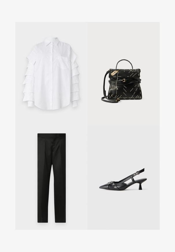 White collared shirt featuring layered ruffle sleeves, a chest pocket, and button-up front; made from lightweight cotton material.; Black trousers featuring a smooth fabric, tailored design, straight legs, and a flat waistband with no visible closures or pockets.; Black leather slingback shoe with a pointed toe, decorative straps featuring metal eyelets, and a low block heel. Textured surface.; Black leather handbag with geometric white stitching, a top handle, and a detachable shoulder strap. Features gold accents and a zip closure.