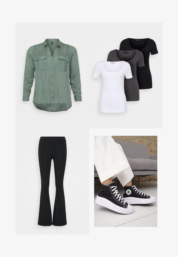 Vero Moda Curve VMBUMPY SHIRT NEW - Blusa - laurel wreath; Tres camisetas ajustadas en blanco, gris y negro. Cada una cuenta con un escote amplio y mangas cortas. Están hechas de una tela suave y elástica.; Pantalones negros de campana hechos de una tela elástica, con una cintura alta y una textura suave. Los pantalones se ensanchan desde la rodilla.; Zapatillas altas de lona negra con suelas y cordones de goma blanca. Presentan un logo circular en el lateral y costuras blancas en contraste.