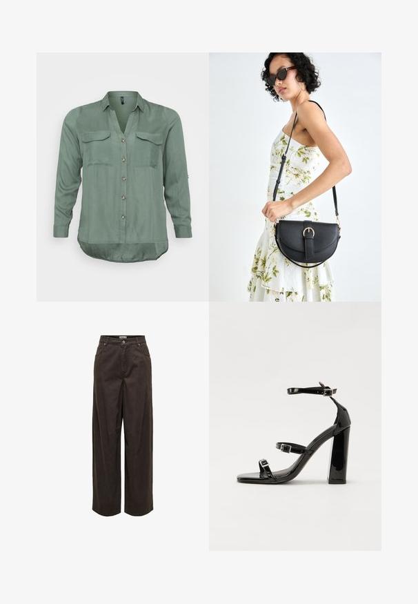 Vero Moda Curve VMBUMPY SHIRT NEW - Button-down blouse - laurel wreath; Wide-leg pants in dark brown, made of cotton, featuring a classic waistband, zip fly, five pockets, and minimalist stitching details.; Black patent heeled sandals with a square toe, ankle straps, and silver buckles. Features a chunky block heel for stability.; Black leather handbag with a curved shape, detachable strap, and gold hardware. The bag features a flap with a buckle detail.
