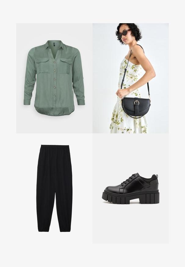 Vero Moda Curve VMBUMPY zielony; Czarne, lekkie spodnie z elastycznym pasem i ściągaczami na kostkach. Materiał jest gładki i ma luźny, zwężany krój.; Czarne skórzane buty na platformie z masywnym słupkowym obcasem, okrągłym noskiem i klasycznym sznurowaniem. Posiadają gładką teksturę i minimalne wykończenia.; Czarna skórzana torebka o zakrzywionym kształcie, z odpinanym paskiem i złotymi akcentami. Torebka posiada klapę z zapięciem w kształcie klamry.