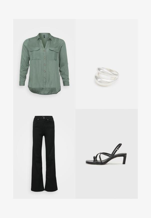 Vero Moda Curve VMBUMPY SHIRT NEW - Blúzka so zapínaním na gombíky - laurel wreath; Čierne rozšírené džínsy vyrobené z denimu, s vysokým pásom, piatimi vreckami a kovovým zapínaním. Hladká textúra s minimálnym zdobením.; Čierne sandále na vysokom podpätku so štvorcovou špičkou a nízkym blokovým podpätkom. Obsahujú viacero tenkých popruhov a nastaviteľný členkový popruh. Vyrobené z hladkej kože.; Strieborný prsteň s dvojitým pásikom s hladkým, lesklým povrchom. Má plynulý, zakrivený dizajn s prekryvajúcimi sa časťami pre moderný vzhľad.