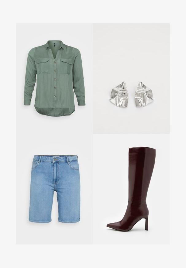 Vero Moda Curve VMBUMPY SHIRT NEW - Chemisier - laurel wreath; Shorts en denim bleu clair avec une coupe classique, dotés d'une fermeture à bouton à l'avant, de passants de ceinture et de deux poches latérales. Texture lisse et ourlet droit.; Even&Odd Bottes - dark red; Boucles d'oreilles en métal argenté avec un design ondulé et sculptural, présentant une finition polie et des formes irrégulières, mettant en valeur une esthétique contemporaine.