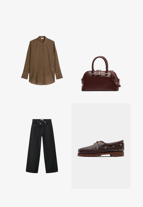 Brown plaid long-sleeve shirt made of soft fabric, featuring a classic collar, button front, and straight hem with a relaxed fit.; High-waisted black denim jeans with a wide-leg design, five-pocket style, and silver metal hardware on the front for closure.; Brown leather boat shoe with gold eyelets, round laces, and a textured brown rubber sole. Features stitched detailing and a raised logo.; Burgundy leather handbag with dual top handles, removable shoulder strap, gold hardware accents, and a rounded shape. Zipper closure.