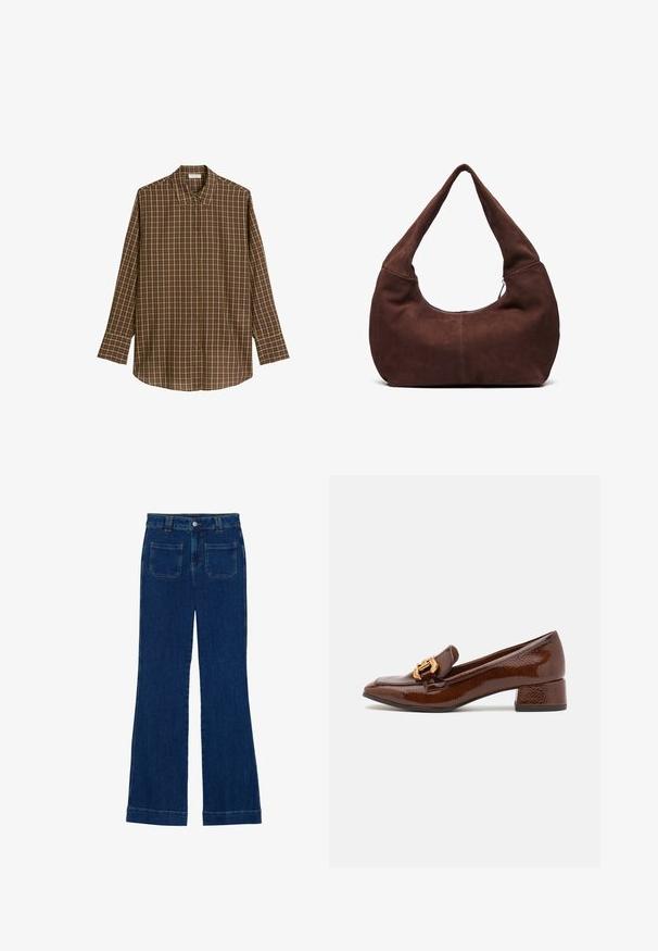 Braun kariertes Langarmhemd aus weichem Stoff, mit klassischem Kragen, Knopfverschluss und geradem Saum in entspannter Passform.; Dunkelblaue Denim-Jeans im Schlagstil mit glatter Textur, Fünf-Taschen-Design und einem Knopfverschluss an der Taille.; Braune Lederloafers mit glänzender Oberfläche, ausgestattet mit einer dekorativen goldenen Schnalle an der Vorderseite und einem niedrigen Blockabsatz. Klassisches Design.; Braune Wildleder-Hobo-Tasche mit einem gebogenen, breiten Griff und einer großen Öffnung. Weiche Textur mit sichtbaren abgesteppten Details entlang der Kanten.